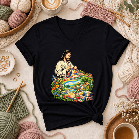 Jesus Quilting In Rainbow Flower Meadow Women's V-Neck