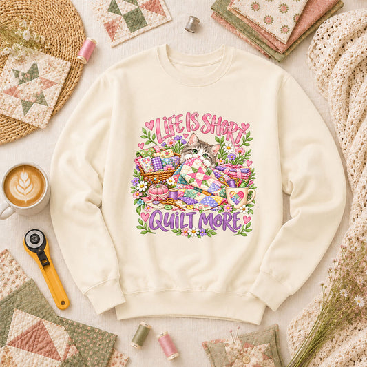 Life Is Short Quilt More Cat Kitten Long Sleeve