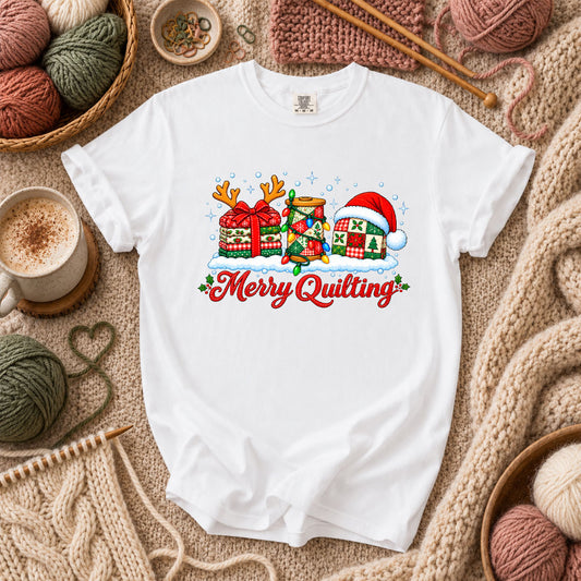 Merry Quilting Fabric Stack With Reindeer Antlers T-Shirt