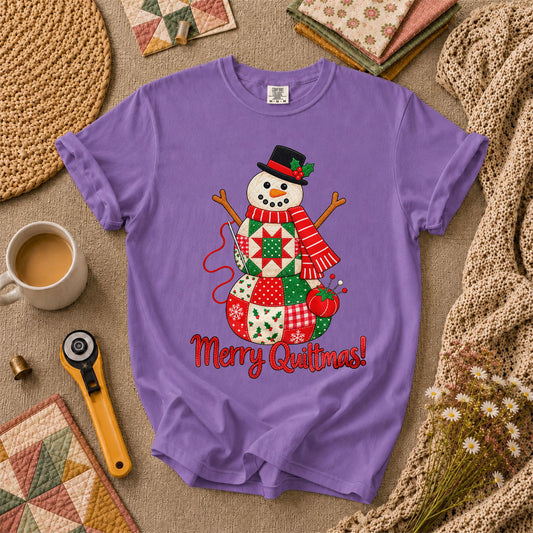 Merry Quiltmas Patchwork Snowman With Top Hat T-Shirt