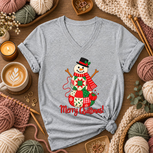 Merry Quiltmas Patchwork Snowman With Top Hat Women's V-Neck