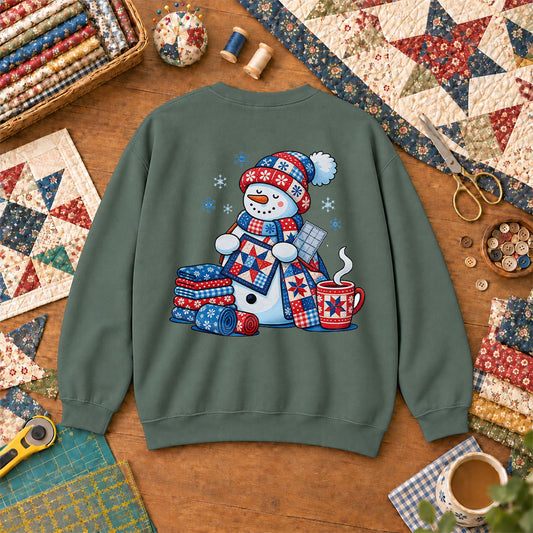 Patchwork Snowman Holding Quilt Block With Cocoa Sweatshirt