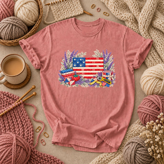 Patriotic Patchwork American Flag With Lavender T-Shirt