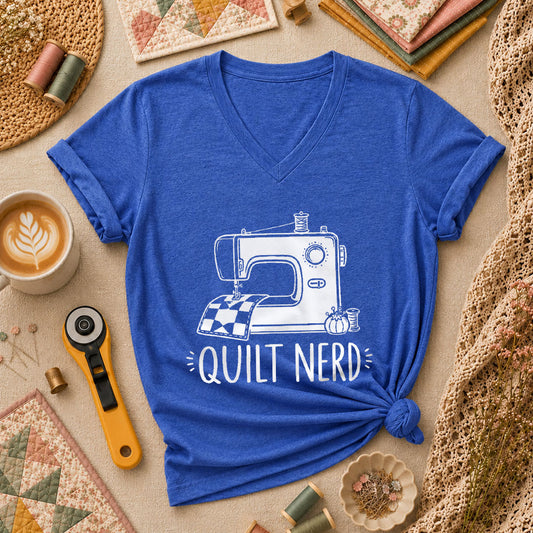 Quilt Nerd Vintage Sewing Machine Funny Women's V-Neck