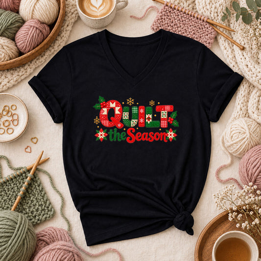 Quilt The Season Patchwork Holly And Poinsettias Women's V-Neck