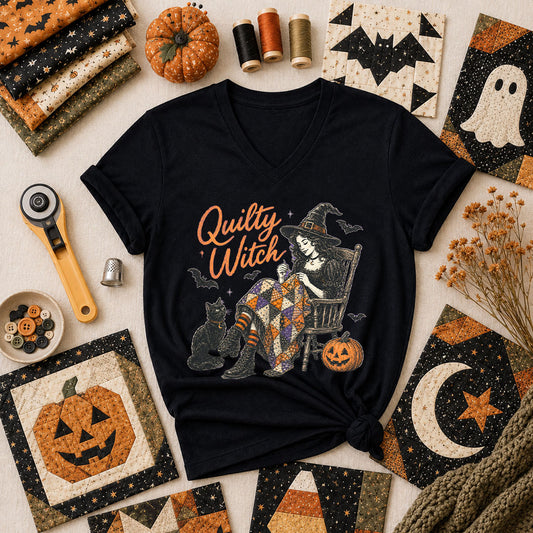 Quilty Witch Halloween Quilter Women's V-Neck