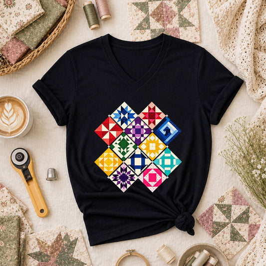 Rainbow Quilt Blocks Diamond Grid Women's V-Neck