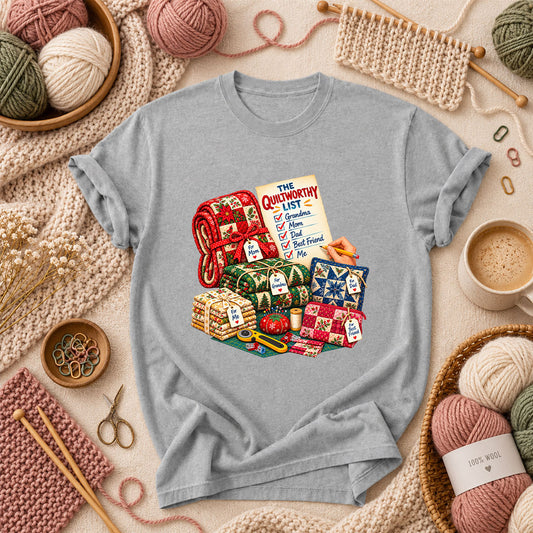 The Quiltworthy List Stack Of Christmas Quilts T-Shirt