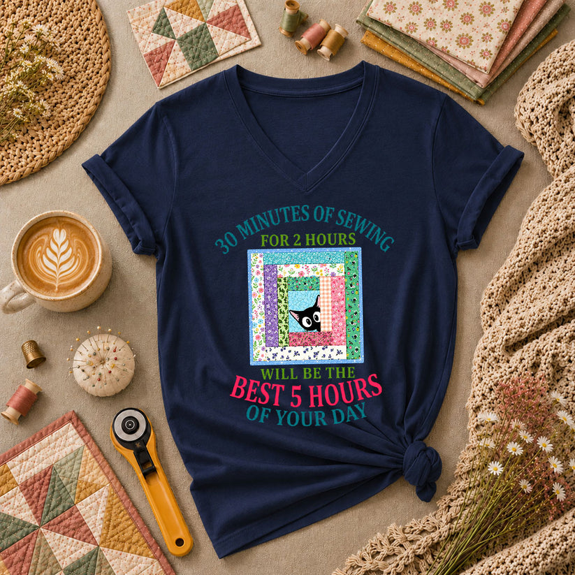 30 Minutes Of Sewing Best 5 Hours Of Day Women's V-Neck - Navy
