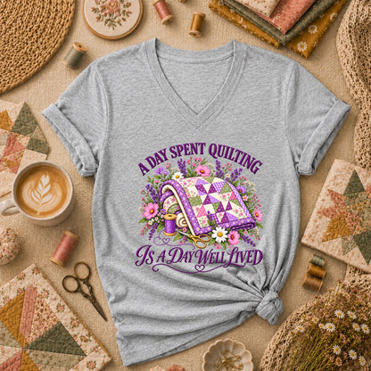 A Day Spent Quilting Is A Day Well Lived Women's V-Neck - Athletic Heather