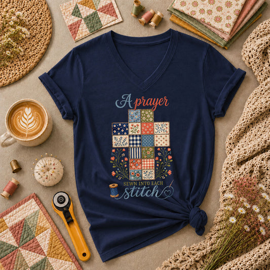 A Prayer Sewn Into Each Stitch Women's V-Neck - Navy