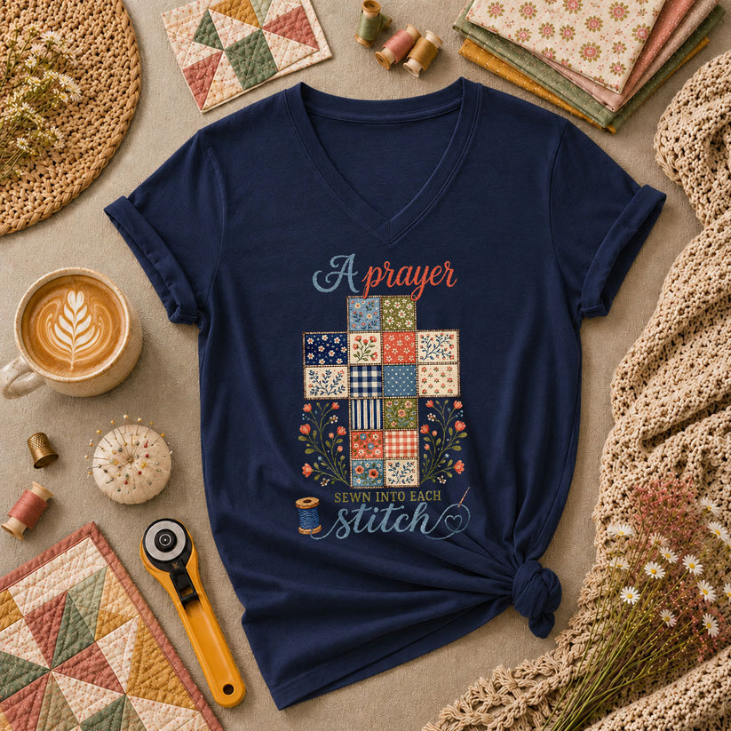 A Prayer Sewn Into Each Stitch Women's V-Neck - Navy