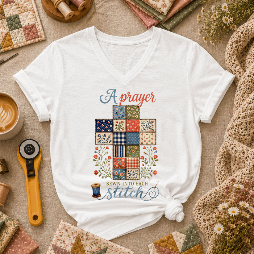A Prayer Sewn Into Each Stitch Women's V-Neck - White