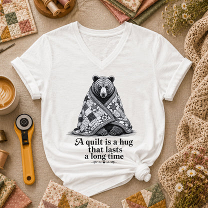A Quilt Is A Hug That Lasts A Long Time Bear Women's V-Neck - White