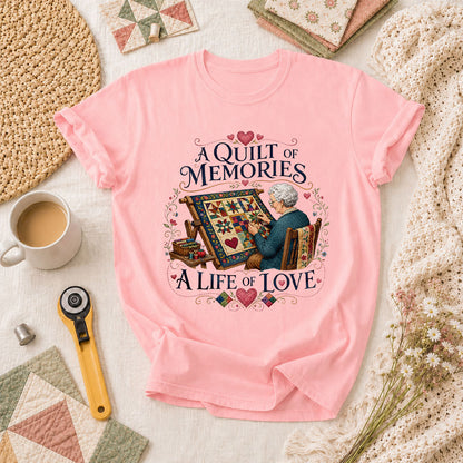 A Quilt Of Memories A Life Of Love Grandma Quilting T-Shirt - Pink