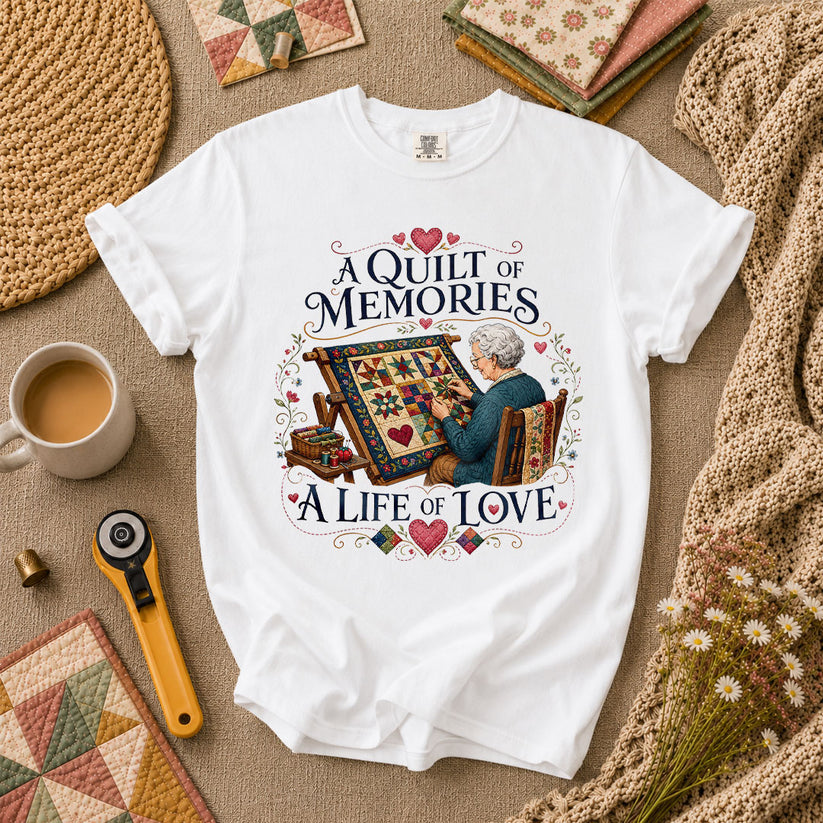A Quilt Of Memories A Life Of Love Grandma Quilting T-Shirt - White