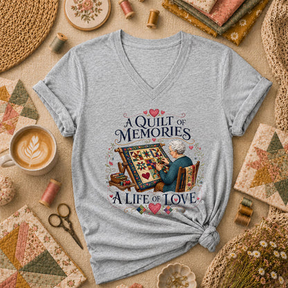A Quilt Of Memories A Life Of Love Grandma Quilting Women's V-Neck - Athletic Heather