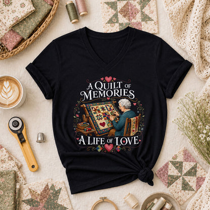 A Quilt Of Memories A Life Of Love Grandma Quilting Women's V-Neck - Black