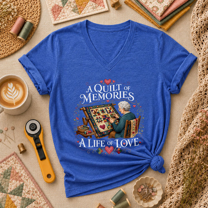A Quilt Of Memories A Life Of Love Grandma Quilting Women's V-Neck - Heather True Royal