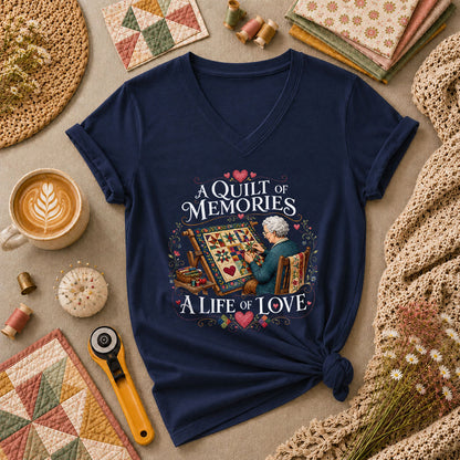 A Quilt Of Memories A Life Of Love Grandma Quilting Women's V-Neck - Navy