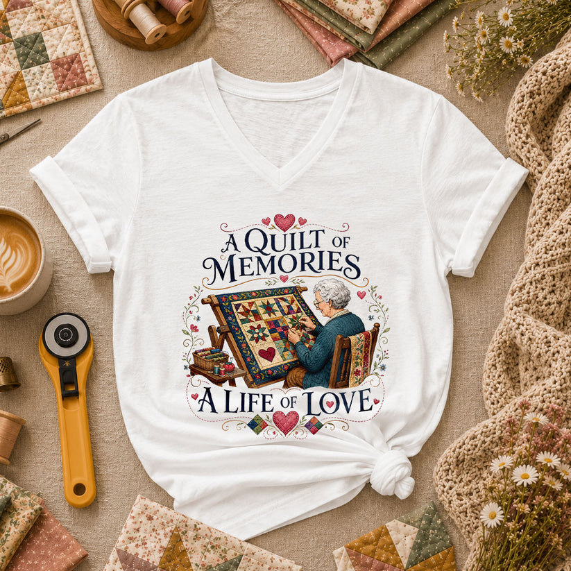 A Quilt Of Memories A Life Of Love Grandma Quilting Women's V-Neck - White
