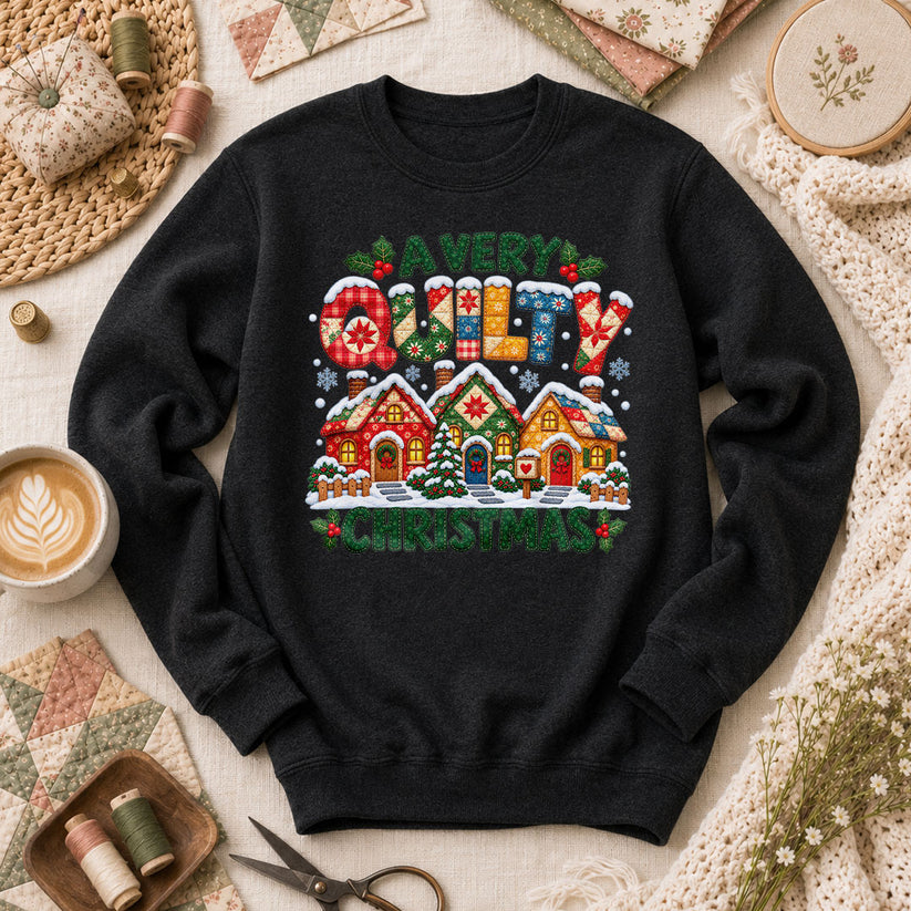 A Very Quilty Christmas Snowy Quilted Village Long Sleeve - Black