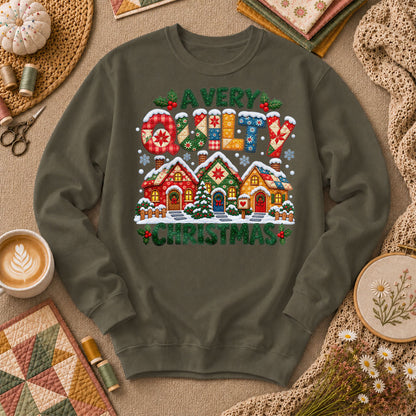 A Very Quilty Christmas Snowy Quilted Village Long Sleeve - Military Green