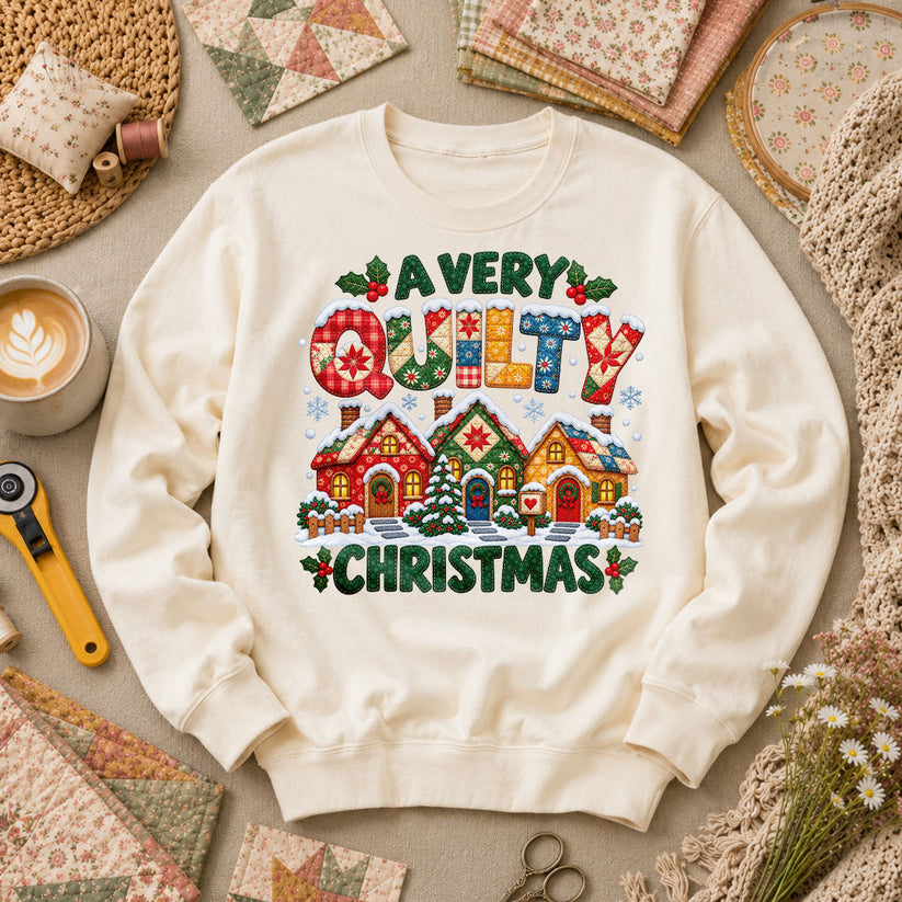 A Very Quilty Christmas Snowy Quilted Village Long Sleeve - Natural