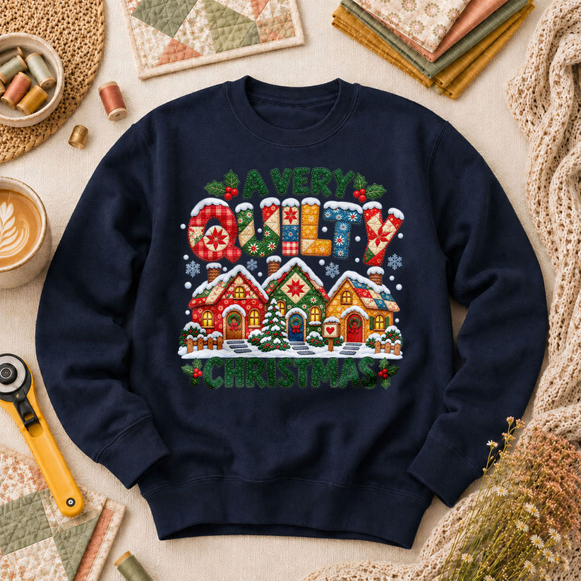 A Very Quilty Christmas Snowy Quilted Village Long Sleeve - Navy