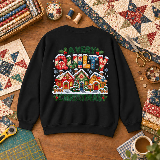 A Very Quilty Christmas Snowy Quilted Village Sweatshirt - Black