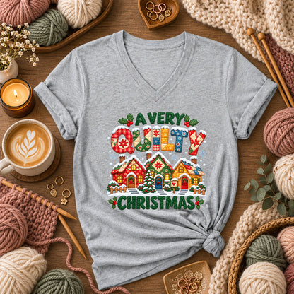 A Very Quilty Christmas Snowy Quilted Village Women's V-Neck - Athletic Heather