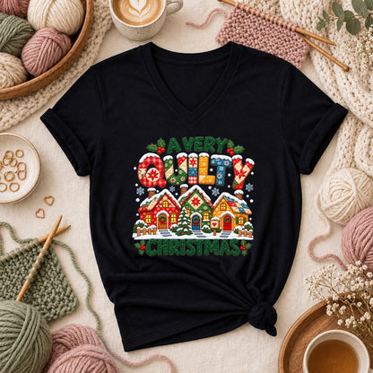 A Very Quilty Christmas Snowy Quilted Village Women's V-Neck - Black