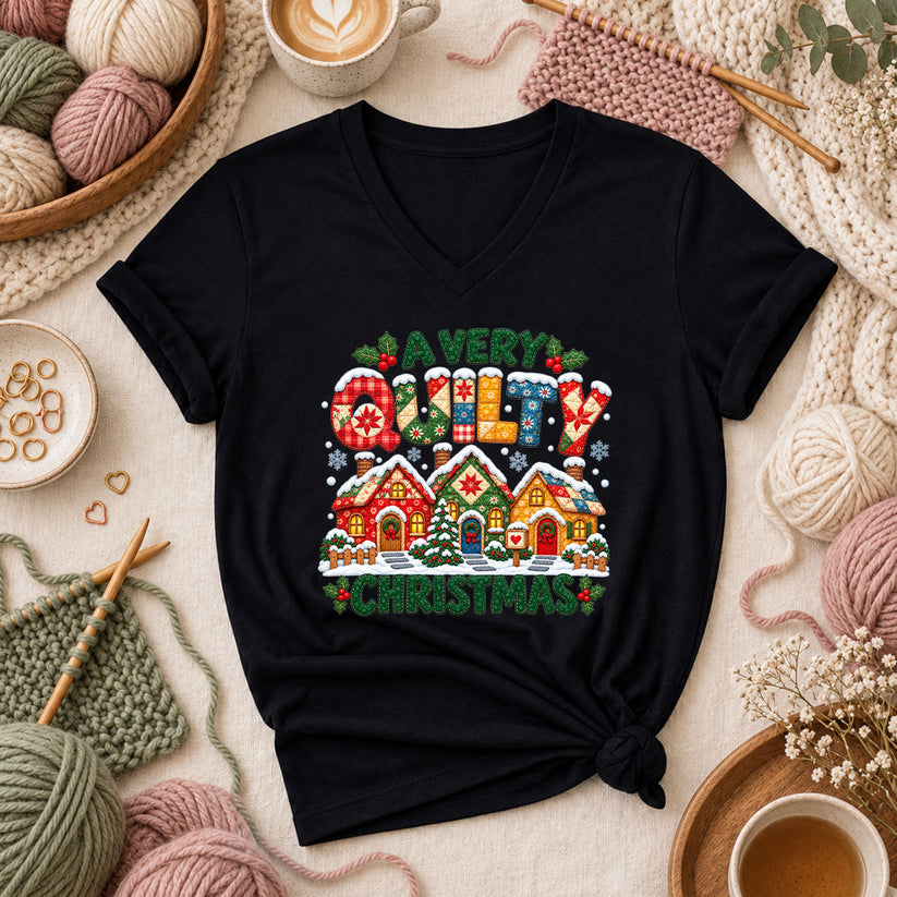 A Very Quilty Christmas Snowy Quilted Village Women's V-Neck - Black