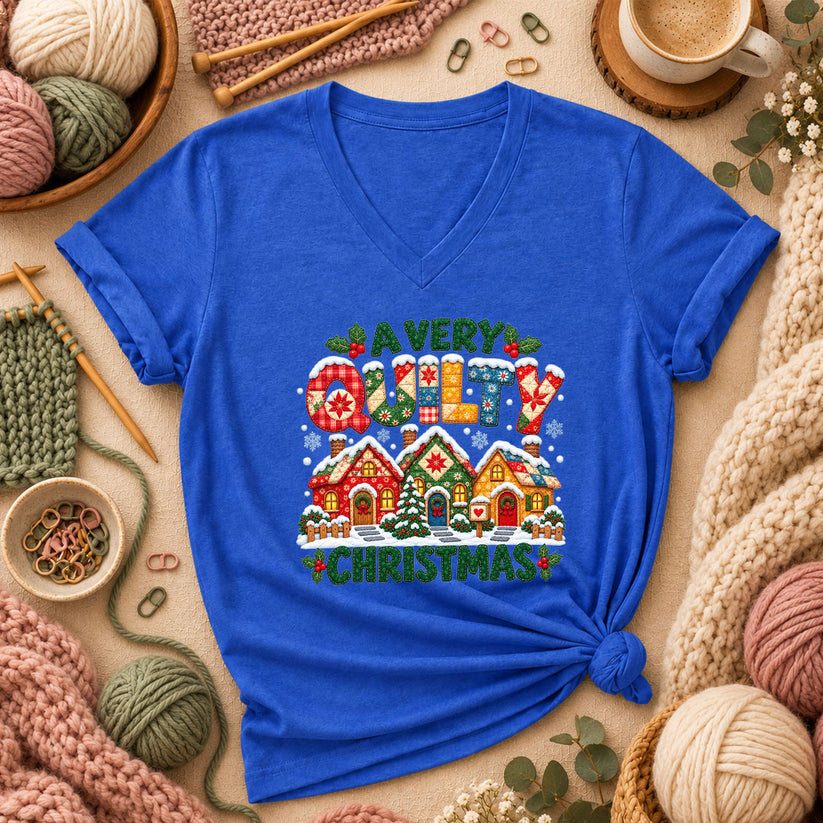 A Very Quilty Christmas Snowy Quilted Village Women's V-Neck - Heather True Royal