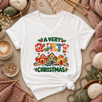 A Very Quilty Christmas Snowy Quilted Village Women's V-Neck - White