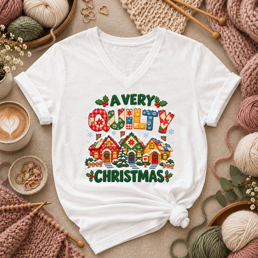 A Very Quilty Christmas Snowy Quilted Village Women's V-Neck - White