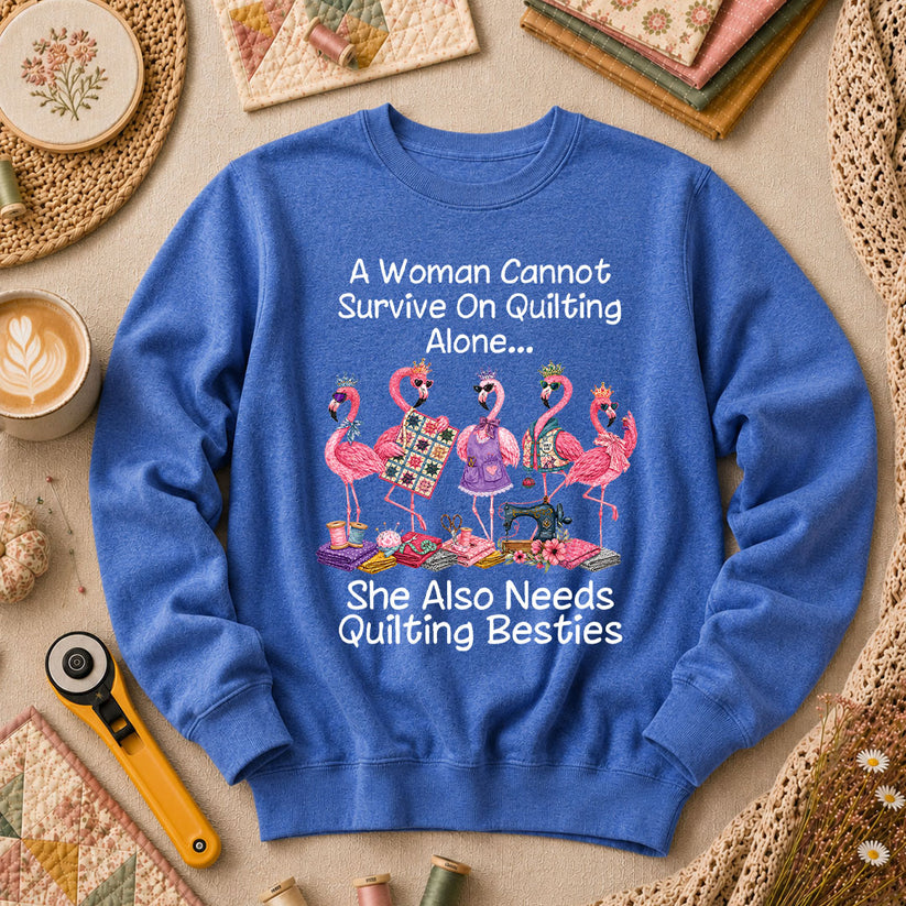A Woman Cannot Survive On Quilting Alone She Also Needs Quilting Besties Long Sleeve - Heather True Royal