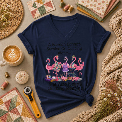 A Woman Cannot Survive On Quilting Alone She Also Needs Quilting Besties Women's V-Neck - Navy