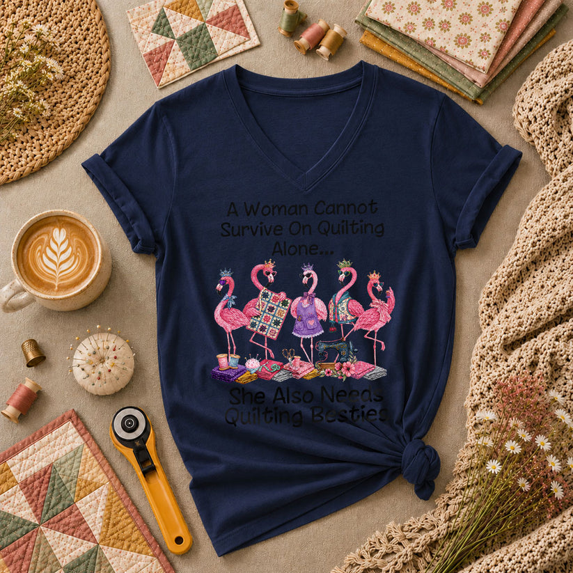 A Woman Cannot Survive On Quilting Alone She Also Needs Quilting Besties Women's V-Neck - Navy