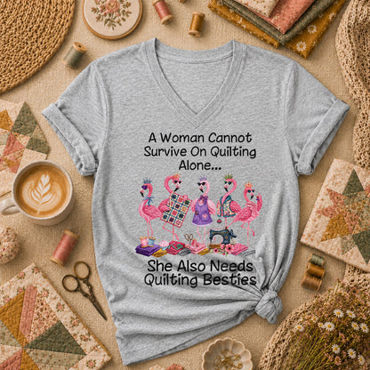 A Woman Cannot Survive On Quilting Alone She Also Needs Quilting Besties Women's V-Neck - Sport Grey