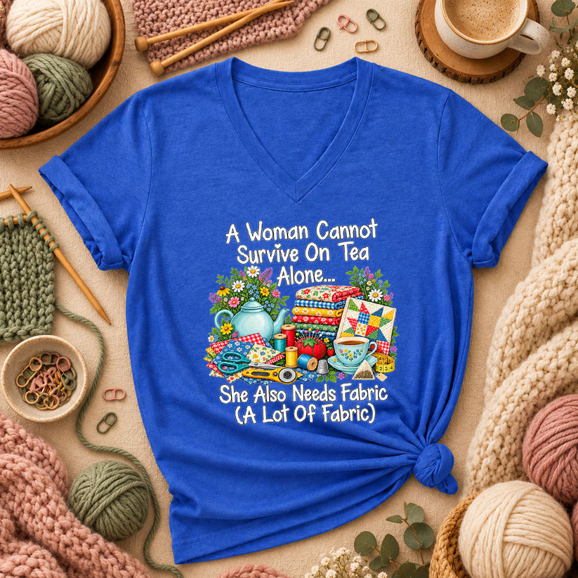 A Woman Cannot Survive On Tea Alone She Also Needs Fabric Women's V-Neck - Heather True Royal