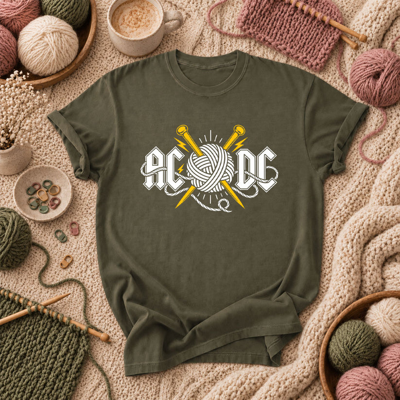 AC/DC Knitting Rock Parody T-Shirt - Military Green