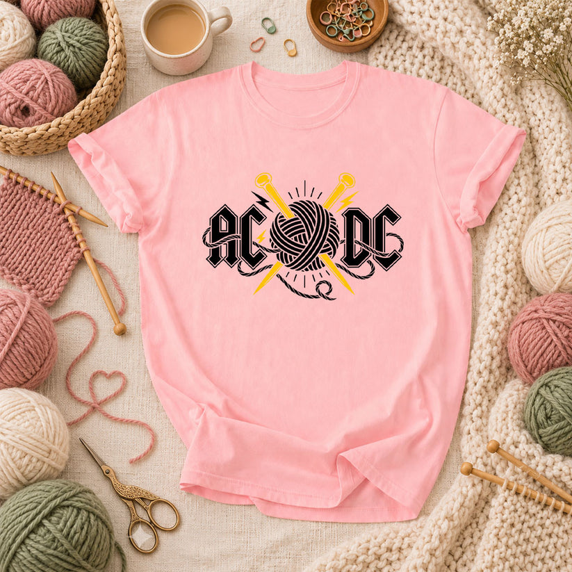 AC/DC Knitting Rock Parody T-Shirt - Pink