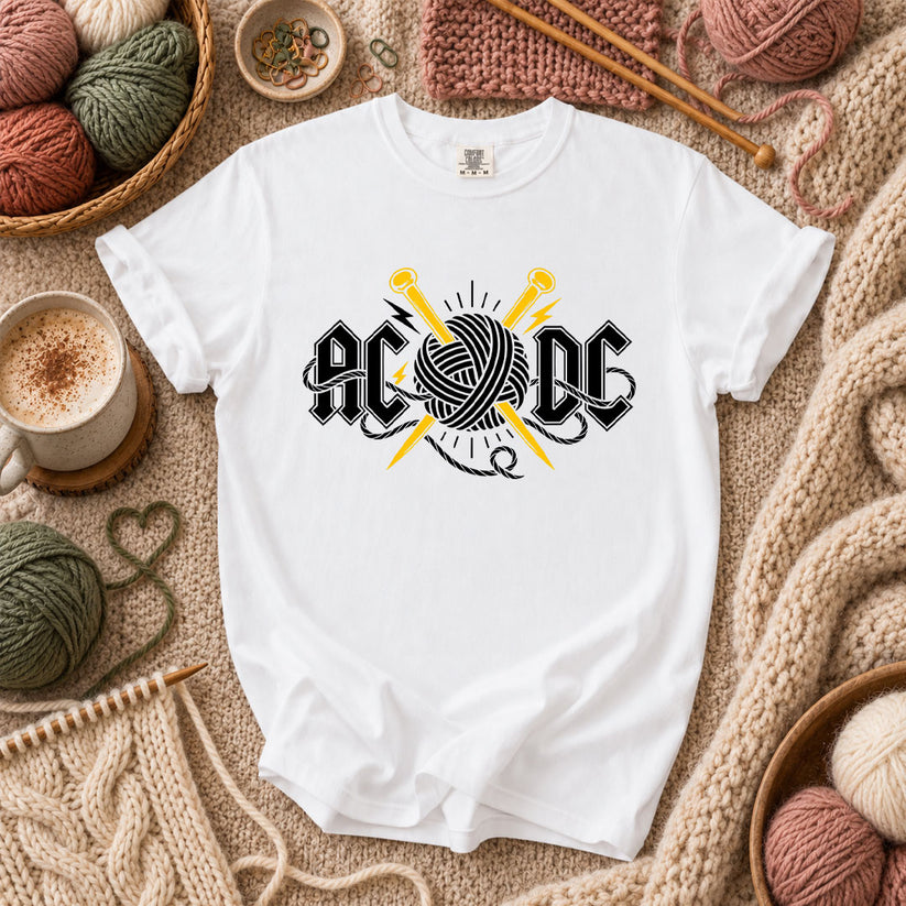 AC/DC Knitting Rock Parody T-Shirt - White