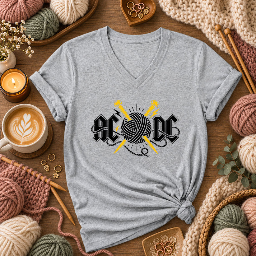 AC/DC Knitting Rock Parody Women's V-Neck - Athletic Heather