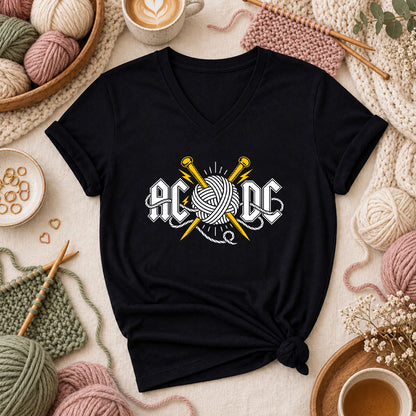 AC/DC Knitting Rock Parody Women's V-Neck - Black