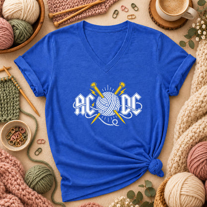 AC/DC Knitting Rock Parody Women's V-Neck - Heather True Royal