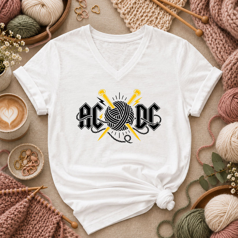 AC/DC Knitting Rock Parody Women's V-Neck - White
