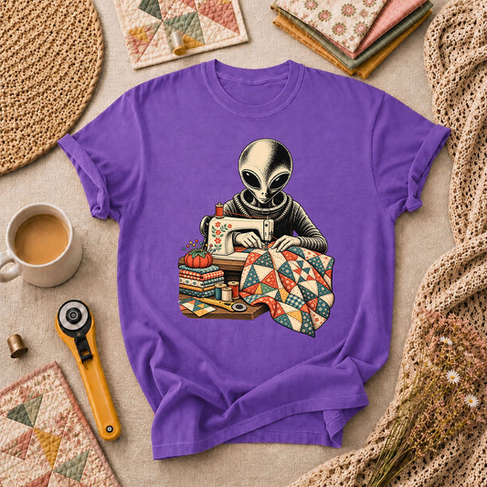 Alien Sewing Machine Quilter T-Shirt - Heather Team Purple