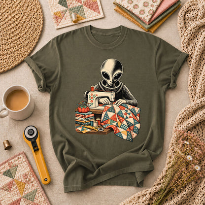 Alien Sewing Machine Quilter T-Shirt - Military Green